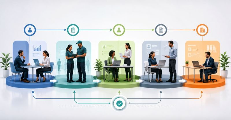 Ilustração de equipes e etapas de trabalho conectadas por um fluxo de processos.