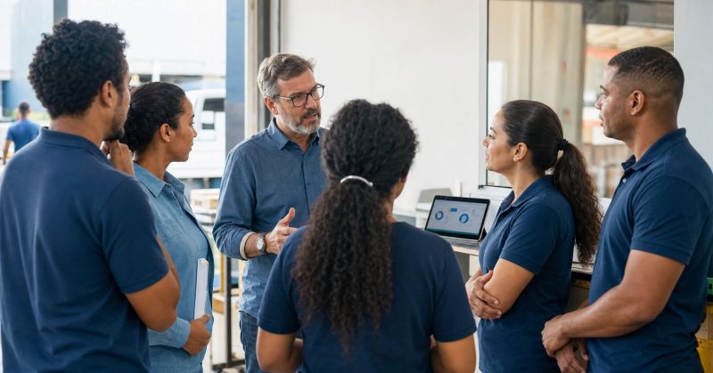 Imagem de uma equipe reunida em uma conversa de trabalho, com um computador portátil.