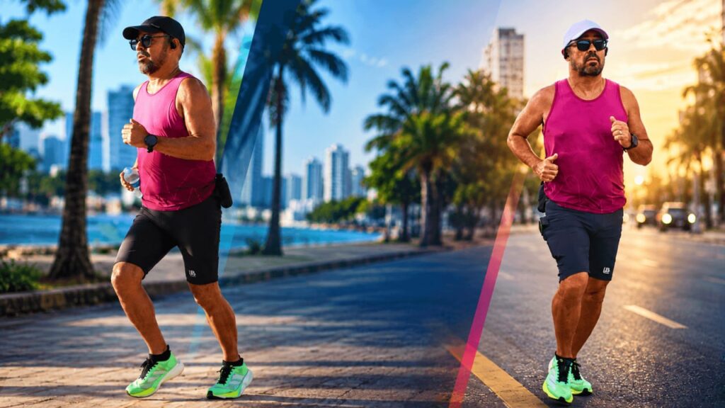 Lula Moura correndo em duas imagens lado a lado, em vias arborizadas, usando camiseta rosa e tênis verdes.