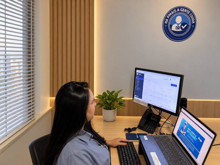 Profissional de RH trabalhando em computador em ambiente corporativo da PMais.